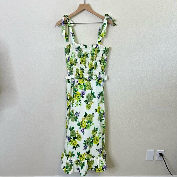 Amanda Uprichard x Revolve Green Floral Smocked Sleeveless Ruffle Midi Dress M - Picture 7 of 11